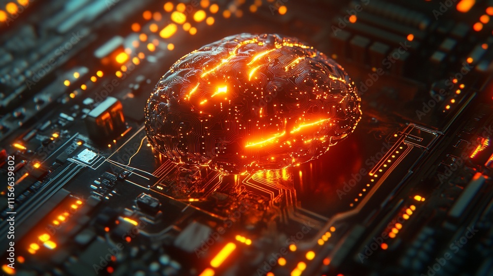 Poster a glowing brain on a circuit board, symbolizing advanced technology and intelligence.