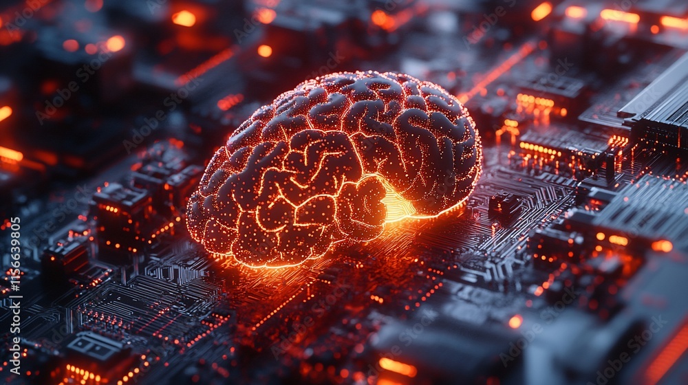 Poster a glowing brain on a circuit board, symbolizing the fusion of technology and cognition.