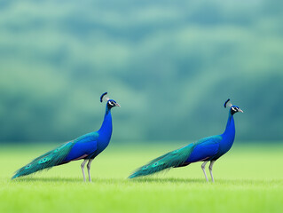 Fototapeta premium Peacock Showcases Rich Blue and Green Plumes in the Garden