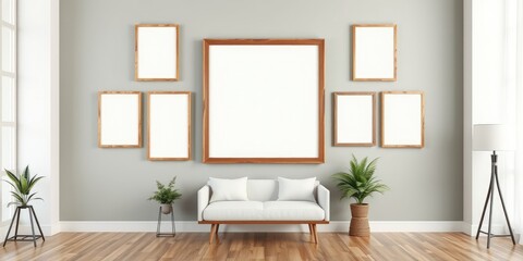 Modern minimalist living room interior design with empty picture frames and cozy seating