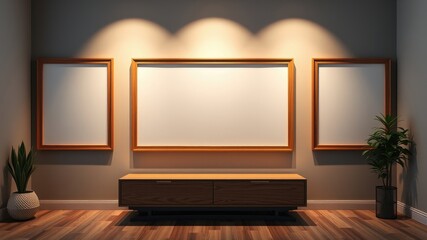 Fototapeta premium Modern minimalist interior with three empty wooden picture frames and a low wooden cabinet