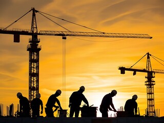A construction site background with cranes and excavator working on building projects