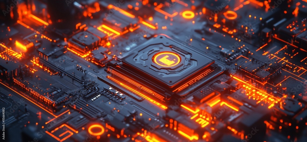 Poster a glowing circuit board with intricate patterns and vibrant orange highlights.