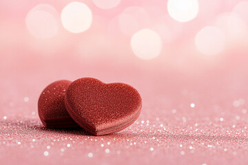 Fototapeta premium Sparkling red hearts on glittery pink background, perfect for Valentine's Day and romantic designs