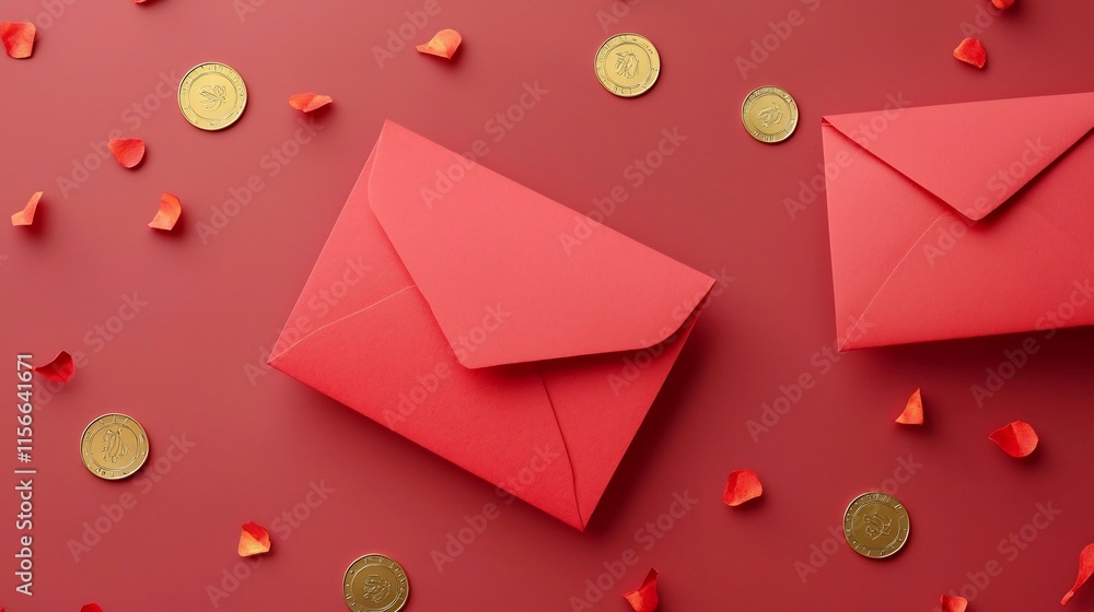 Poster elegant red envelopes with auspicious gold symbols in a balanced 3d digital composition featuring a 
