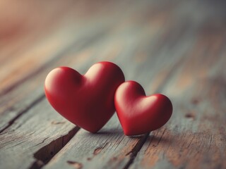 Fototapeta premium Valentine's day background with two red hearts on wooden background