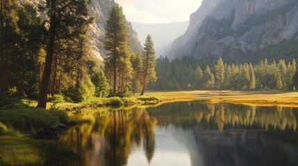 Fototapeta premium Serene Forest Landscape with Reflective Water Surfaces