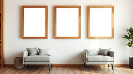 Modern minimalist living room interior with three empty wooden picture frames and two light grey armchairs