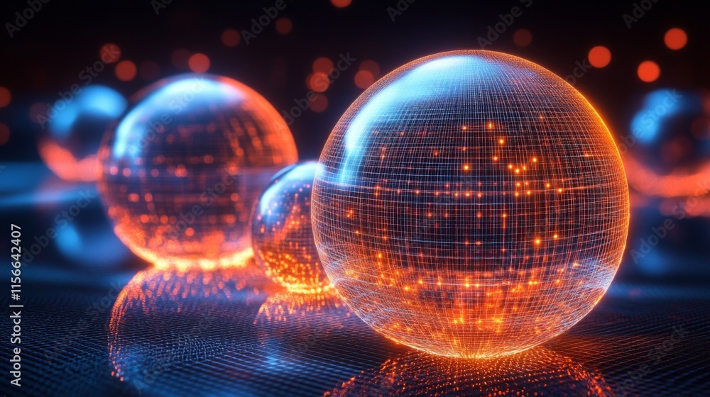 Poster glowing spheres with internal grid pattern, reflecting light on dark surface.