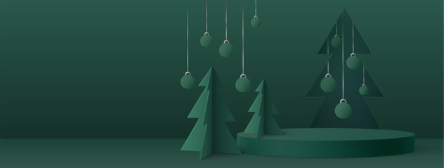 Green minimalist Christmas composition with circular display podium, geometric fir trees, hanging baubles. Backdrop for winter holiday promotions, seasonal product presentations or festive design.