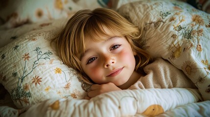 Obraz premium Soundly nestled in cozy blankets, a child enjoys a peaceful slumber in a warmly decorated bedroom during a bright morning light