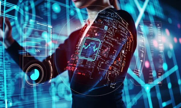 A futuristic depiction of a person with a digital interface on their arm.