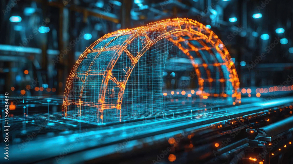 Poster digital engineering blueprint showcasing futuristic arch structure with glowing lines and intricate 
