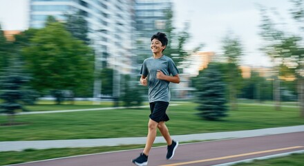 Fototapeta premium Energetic hispanic young teen jogging through city park for fitness and wellbeing