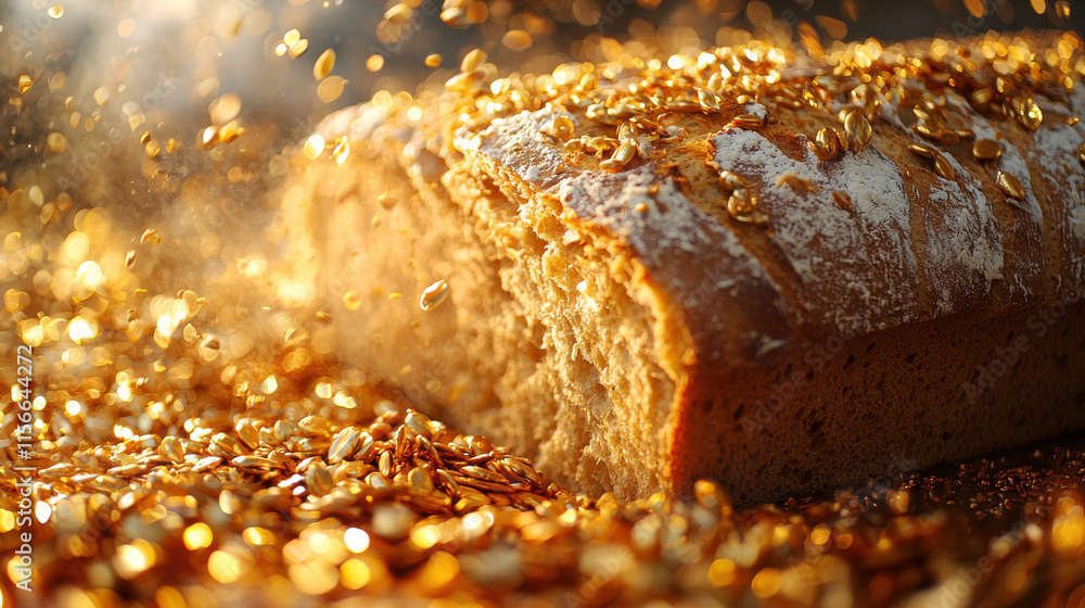 Poster freshly baked bread with golden oats sprinkled on top, creating warm and inviting atmosphere. textur
