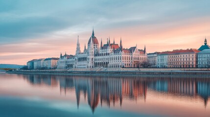 Obraz premium Serene Reflection of a Historic Building at Dusk