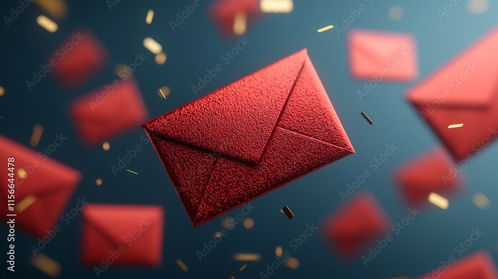 Poster stunning 3d of floating ornate red envelopes with elegant gold shimmer accents and a clean text plac