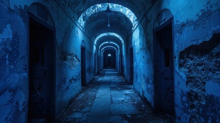 Fototapeta premium Dark, eerie hallway in an abandoned building with arched ceilings, peeling paint, and old doors.