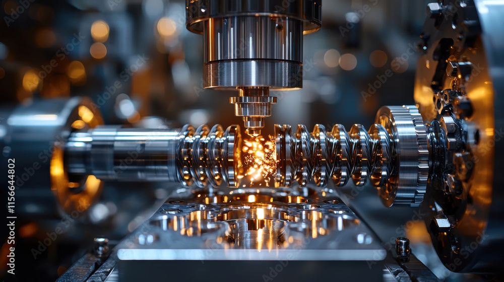 Poster close up of precision engineering tool in action, showcasing intricate machinery and metal component