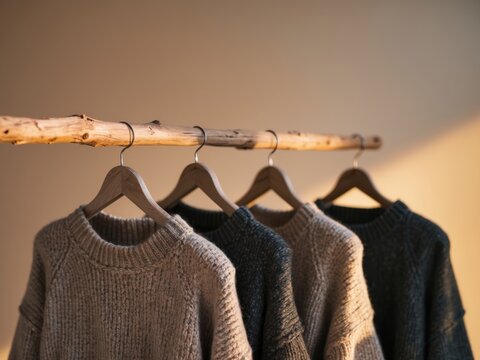 National Heather Day Cozy winter knitwear collection displayed on wooden hangers in warm lighting