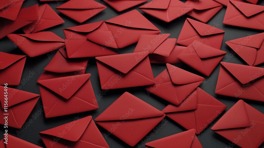 Poster abstractly layered red envelopes with blank text field against a clean minimalist 3d background this