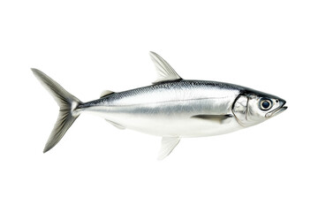 Fresh sardine fish with detailed scales and fins isolated on white transparent background, symbolizing canned seafood