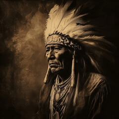 Fototapeta premium An old photo of a tribal leader wearing feathers on his head
