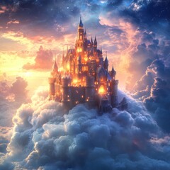 Fototapeta premium Majestic castle perched atop fluffy clouds at sunset, glowing warmly.