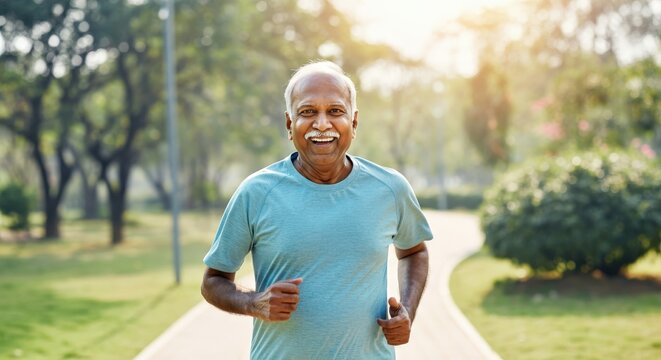 Energetic elderly man running in park under morning sunlight for healthy lifestyle inspiration
