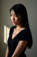 Fototapeta premium Elegant Side Portrait of a Young Woman with Long Black Hair in Soft Natural Light