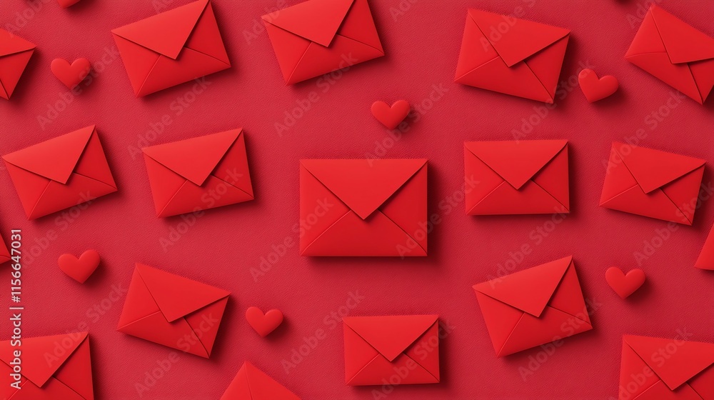 Poster precisely aligned red envelopes in a seamless symmetrical grid layout with clean minimalist 3d desig