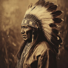 Obraz premium An old photo of a tribal leader wearing feathers on his head