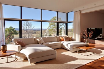 Modern Living Room with Large Windows and Scenic View