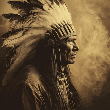 An old photo of a tribal leader wearing feathers on his head