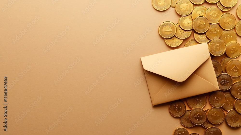Aufkleber gleaming golden coins and envelopes meticulously arranged against a clean minimalist background prov