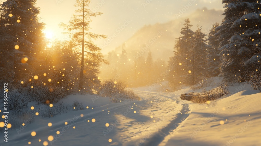 Poster sunlit forest path with bokeh effect in winter