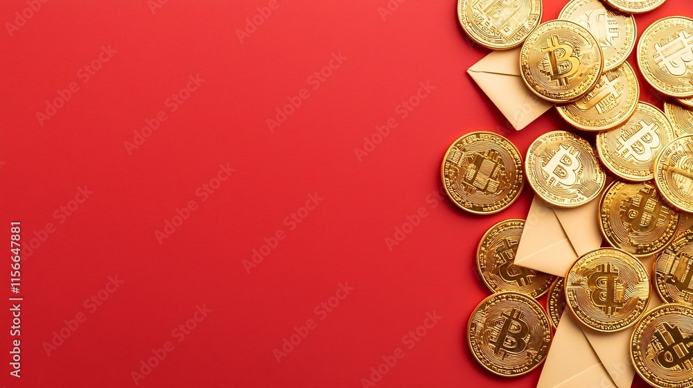 Poster vibrant gold coins and envelopes balanced on a clean background with an editable text field presente