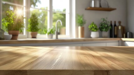 Fototapeta premium A modern kitchen featuring a sleek wooden countertop beneath bright sunlight, creating a warm and inviting atmosphere.