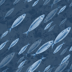 Sardine fish in diagonal swimming seamless pattern in stylized watercolor illustration on a dark blue background for the holiday sardine funeral,fish restaurants,posters,fish markets and stores
