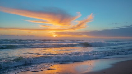 Obraz premium Dramatic sunset with vibrant colors over a turbulent ocean beach