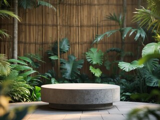 High Resolution Picture of Stone Round Podium with Bamboo Wall and Tropical Plants