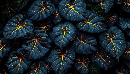 Golden tropical caladium leaf line arts pattern. 