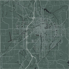 Map of Bloomington in Indiana in a smooth dark style. Contains layered vector with roads water, parks, etc.
