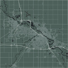 Map of Waterloo in Iowa in a smooth dark style. Contains layered vector with roads water, parks, etc.