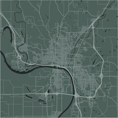 Map of Sioux City in Iowa in a smooth dark style. Contains layered vector with roads water, parks, etc.