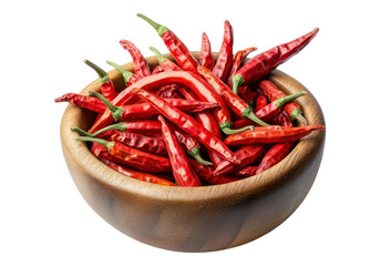 Cayenne pepper in a wood bowl. Transparent background .Isolated PNG