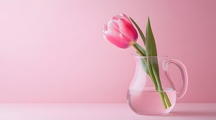 Pink Tulip in a Glass Pitcher Against Pink Background