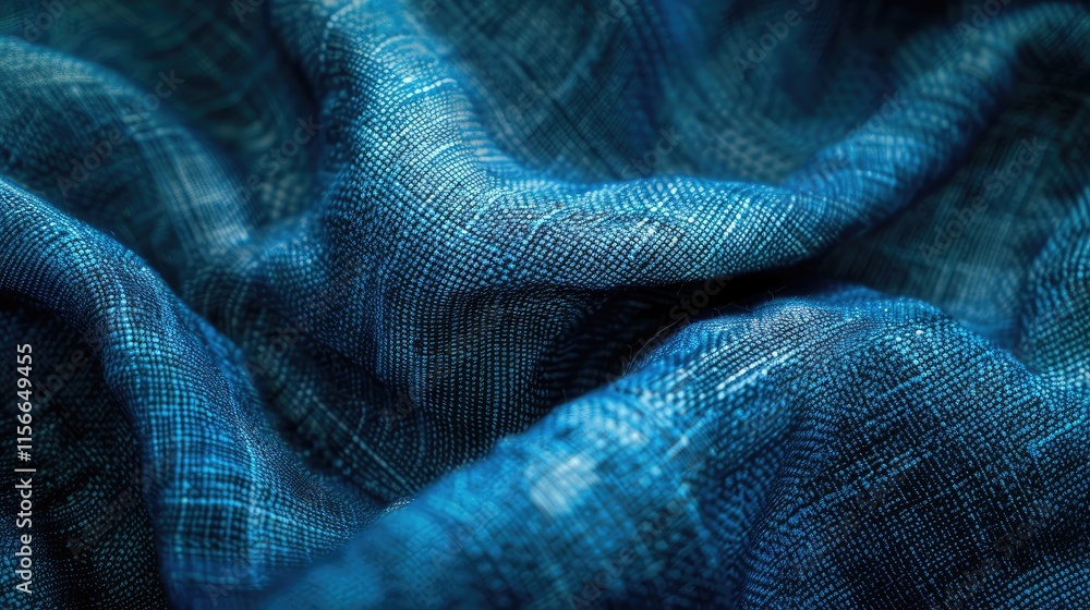 Poster a close-up view of textured blue fabric, showcasing its intricate weave and patterns.
