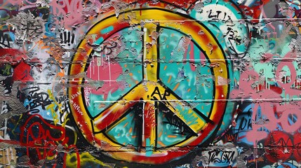 A peace symbol painted in yellow and blue on a brick wall covered in graffiti.