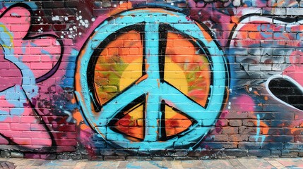Obraz premium A peace sign painted in blue, yellow, and black on a brick wall.